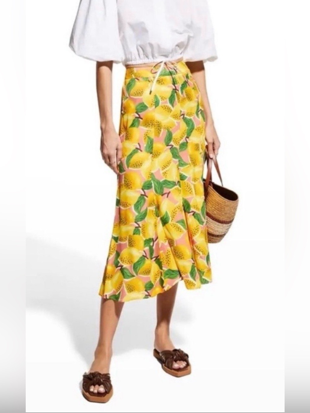 Farm Rio Fresh Lemons Midi Skirt Small NWOT Bright Vacation Fruit